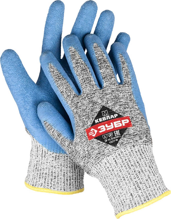 ЗУБР XL, 13 класс, материал основы кевлар (dyneema), перчатки трикотажные ля защиты от порезов с рельефным латексным покрытием 11277-XL - фото 103172