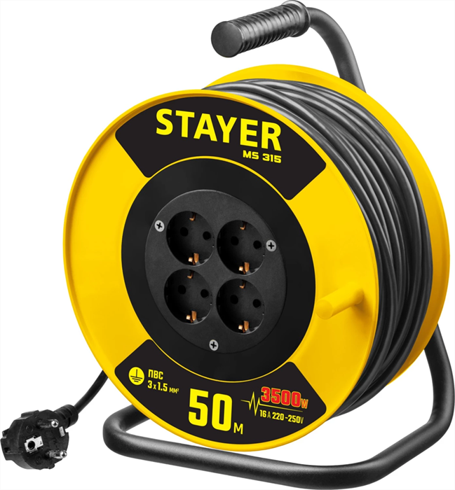 STAYER 50 м, 3500 Вт, заземление, 4 гнезда, ПВС 3x1,5 кв мм, удлинитель на катушке 55078-50 - фото 107630