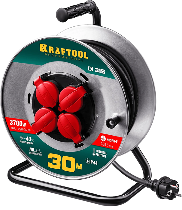 KRAFTOOL 30 м, 3700 Вт, 4 гнезда, IP44, КГ 3x1,5 кв мм, удлинитель на катушке 55085-30_z01 - фото 108467