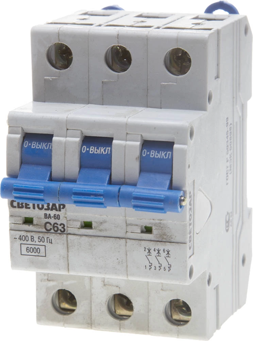 СВЕТОЗАР 63 A, "C", 400 B, 6 kA, 3-полюсной, автоматический выключатель SV-49063-63-C - фото 108617