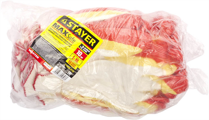 STAYER L-XL, EXPERT-2, 13 класс, 10 пар, х/б, перчатки с двойным латексным обливом, повышенной износостойкости, трикотажные 11409-H10 - фото 109930
