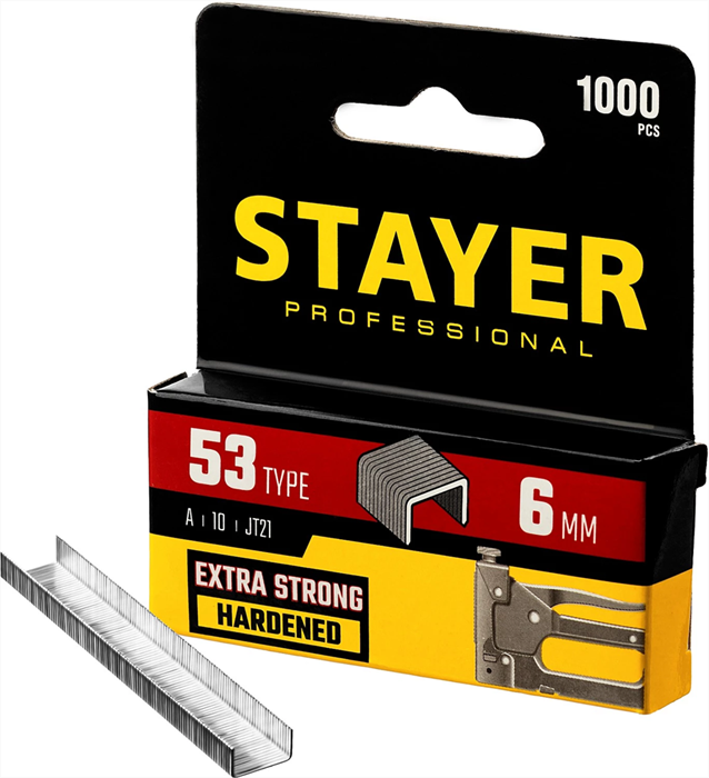 STAYER скобы тип 53 (A / 10 / JT21), 6 мм, 1000 шт., закаленные, особотвердые, скобы для степлера тонкие 3159-06_z02 - фото 115103