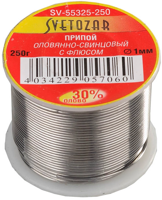 СВЕТОЗАР 250 г, 30% Sn / 70% Pb, оловянно-свинцовый припой SV-55325-250 - фото 116623