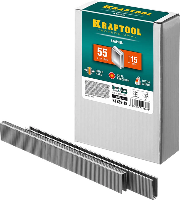 KRAFTOOL скобы тип 55, 15 мм, скобы для степлера узкие 31789-15 - фото 117040
