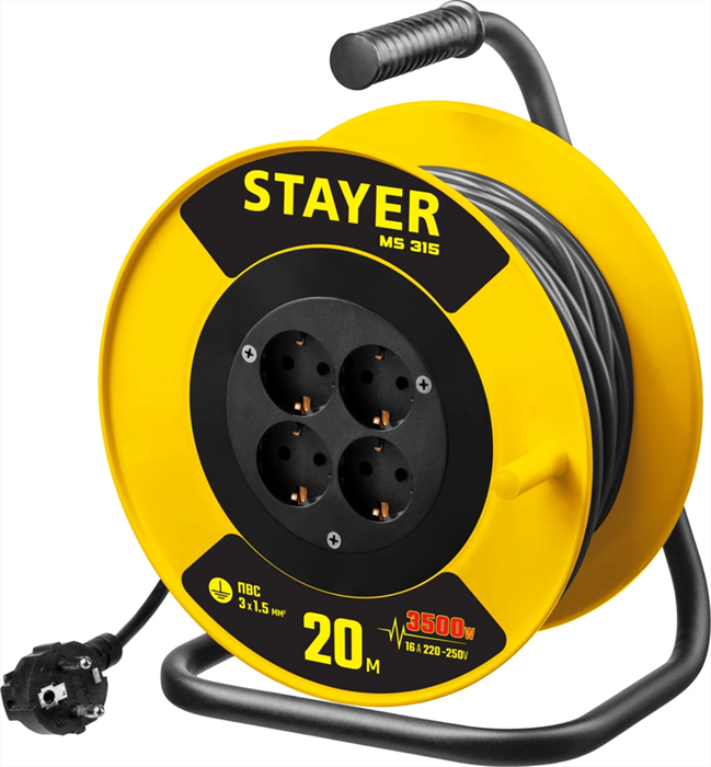 STAYER 20 м, 3500 Вт, заземление, 4 гнезда, ПВС 3x1,5 кв мм, удлинитель на катушке 55078-20 - фото 98786