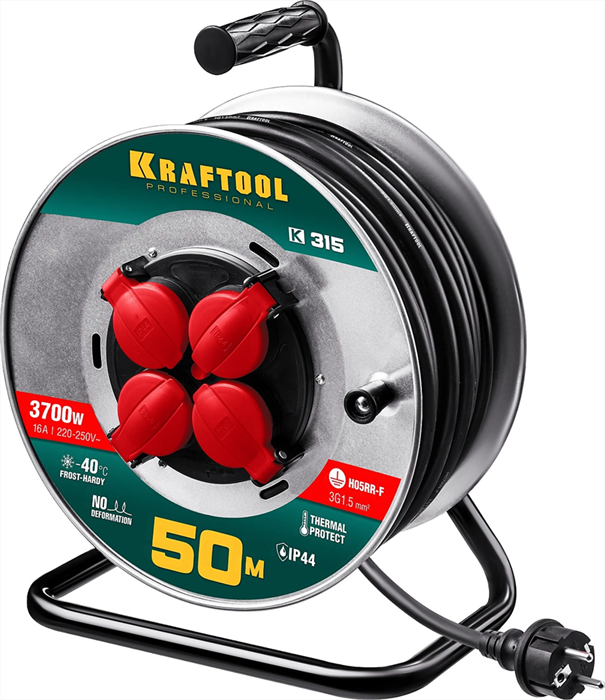KRAFTOOL 50 м, 3700 Вт, 4 гнезда, IP44, КГ 3x1,5 кв мм, удлинитель на катушке 55085-50_z01 - фото 99483
