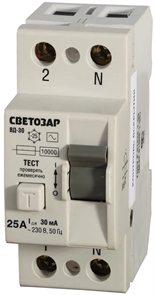 СВЕТОЗАР 25 A, "C", 400 B, 30 mА, 2 полюса, "AC", выключатель дифференциальный "УЗО" SV-49152-30-25