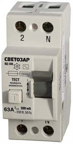СВЕТОЗАР 63 A, "C", 400 B, 30 mА, 2 полюса, "AC", выключатель дифференциальный "УЗО" SV-49172-300-63