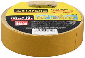 STAYER 38 мм х 10 м, основа тканевая, двусторонняя клейкая лента (скотч) 1217-38-10