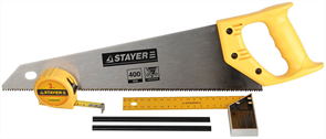STAYER 7 TPI, 400 мм, набор для столярных работ (ножовка по дереву, угольник, рулетка, карандаши) 15084-H5