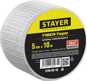 {{photo.Alt || photo.Description || 'STAYER 5 см х 10 м, 3х3 мм, сетка стеклотканевая самоклеящаяся FIBER-Tape 1246-05-10_z01'}}