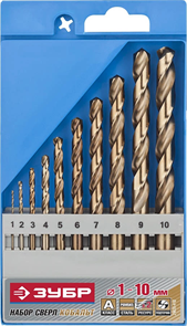 ЗУБР 10 шт. (d 1-10 мм), класс А, Р6М5К5, набор сверл по металлу 29626-H10