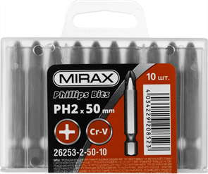 {{photo.Alt || photo.Description || 'MIRAX PH2, 50 мм, 10 шт., Cr-V cталь, набор бит 26253-2-50-10'}}