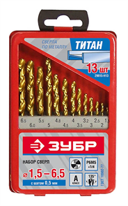 ЗУБР 13 шт. (d 1,5-6,5 мм) ТИТАН, Р6М5, класс А, набор сверл по металлу 29615-H13