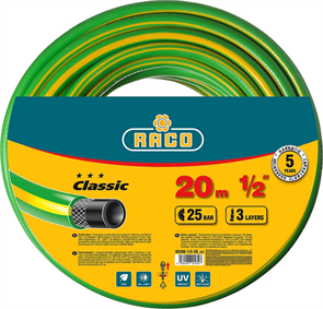 {{photo.Alt || photo.Description || 'Raco d 1/2&quot; x 20 м, 25 атм., 3-x слойный, армированный, шланг поливочный CLASSIC 40306-1/2-20_z01'}}