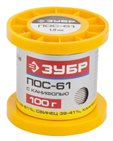 ЗУБР 100 г, ПОС 61, трубка с канифолью, 1 мм, припой 55450-100-10C - фото 119522
